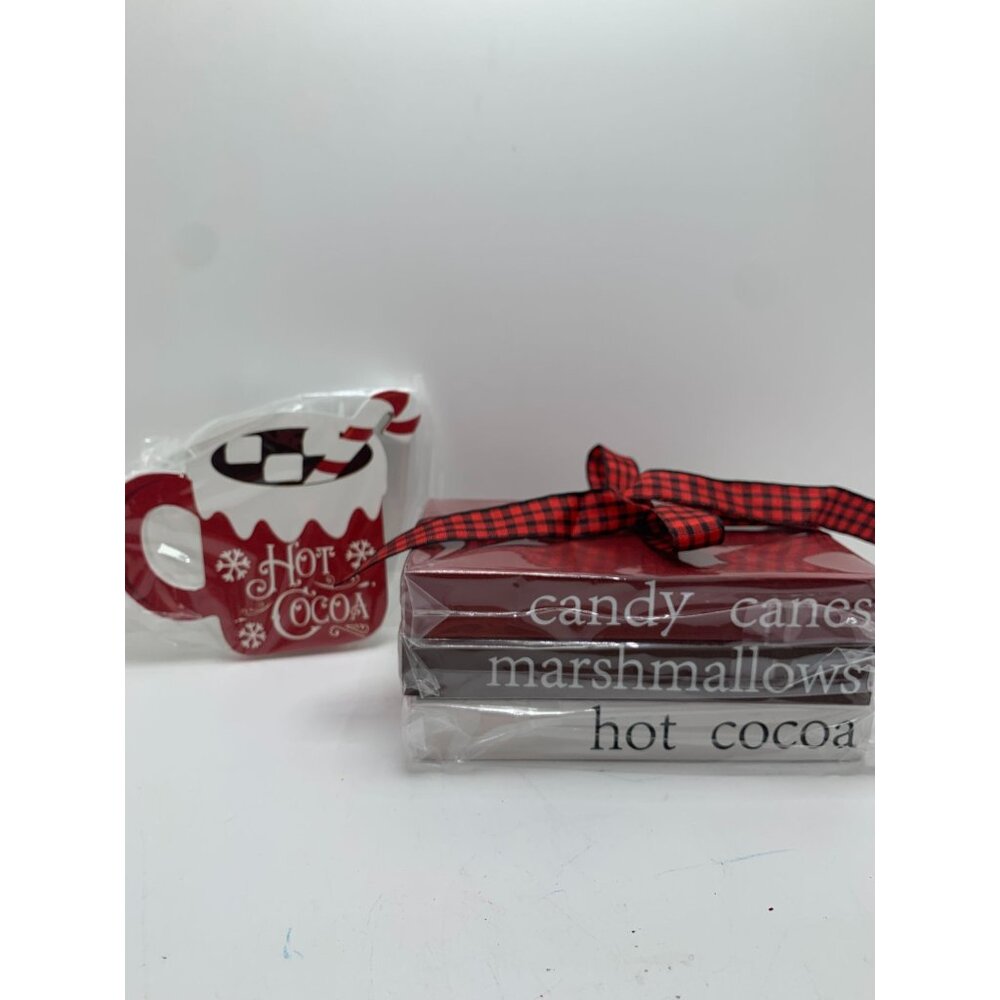 Holiday Hot Cocoa Mug & Stacked Book Decor Set With Buffalo Plaid Ribbon